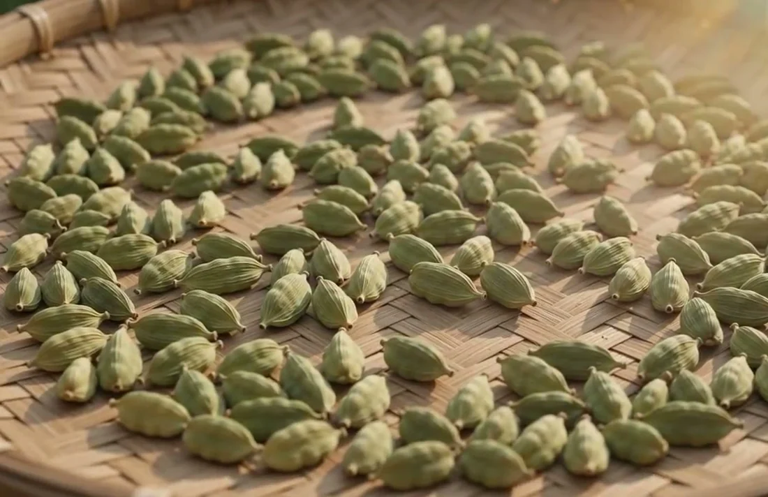 Freshly picked cardamom laid out on a bamboo tray to cure