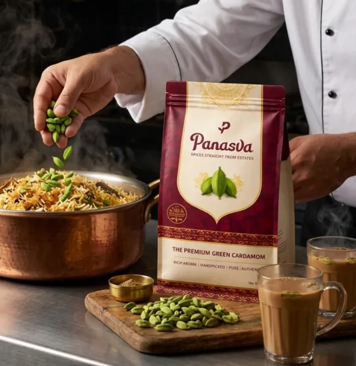 A chef finishing a dish with Panasva cardamom